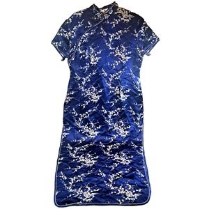 Lian Lin Chinese Floral Dress Womens 46/ M Blue w Silver‎ Embroidered Blossoms